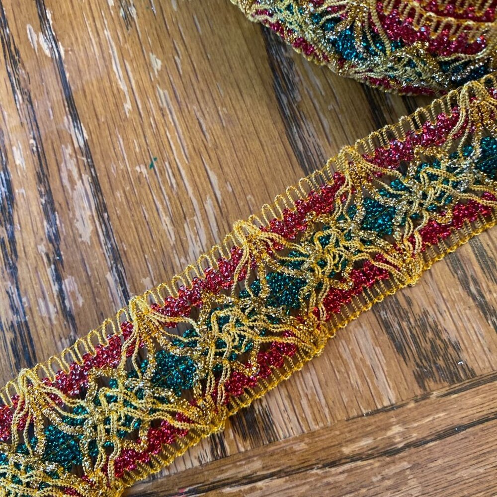 Vintage Woven Christmas Ribbon Garland Gold Red & Green 11 Yards Roll